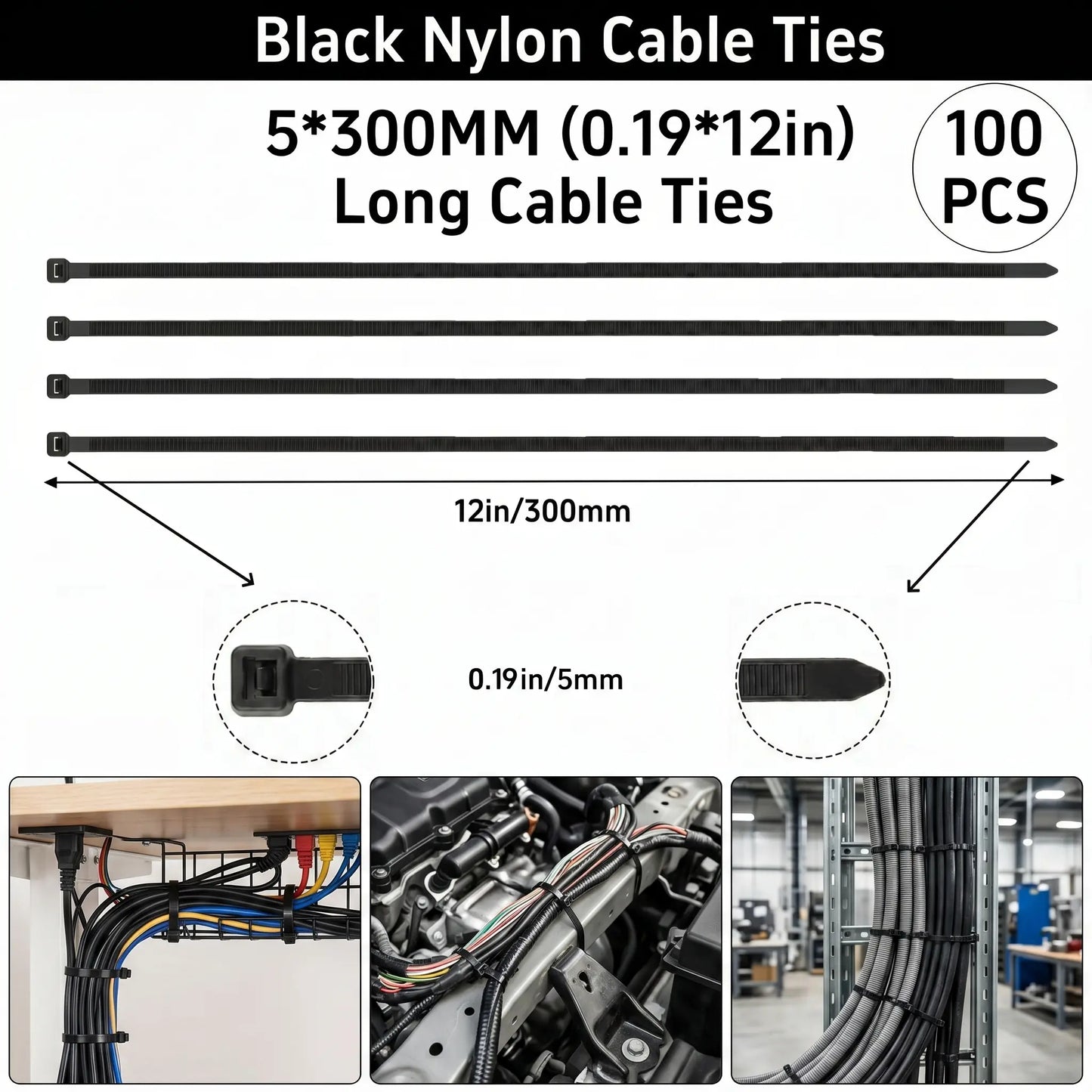 【Summervibes】100Pcs Heavy Duty Zip Ties 12 Inch 50LBS High Tensile Strength UV Resistant Self Locking Nylon Cable Ties for Home Office Garden and Workshop Emergency Repairs Vehicle Repair
