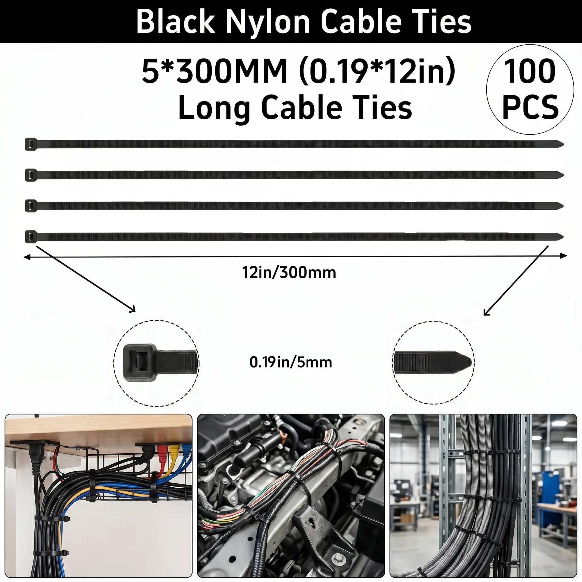 【Summervibes】100Pcs Heavy Duty Zip Ties 12 Inch 50LBS High Tensile Strength UV Resistant Self Locking Nylon Cable Ties for Home Office Garden and Workshop Emergency Repairs Vehicle Repair
