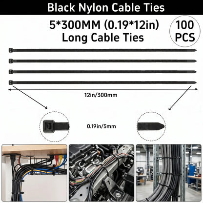【Summervibes】100Pcs Heavy Duty Zip Ties 12 Inch 50LBS High Tensile Strength UV Resistant Self Locking Nylon Cable Ties for Home Office Garden and Workshop Emergency Repairs Vehicle Repair