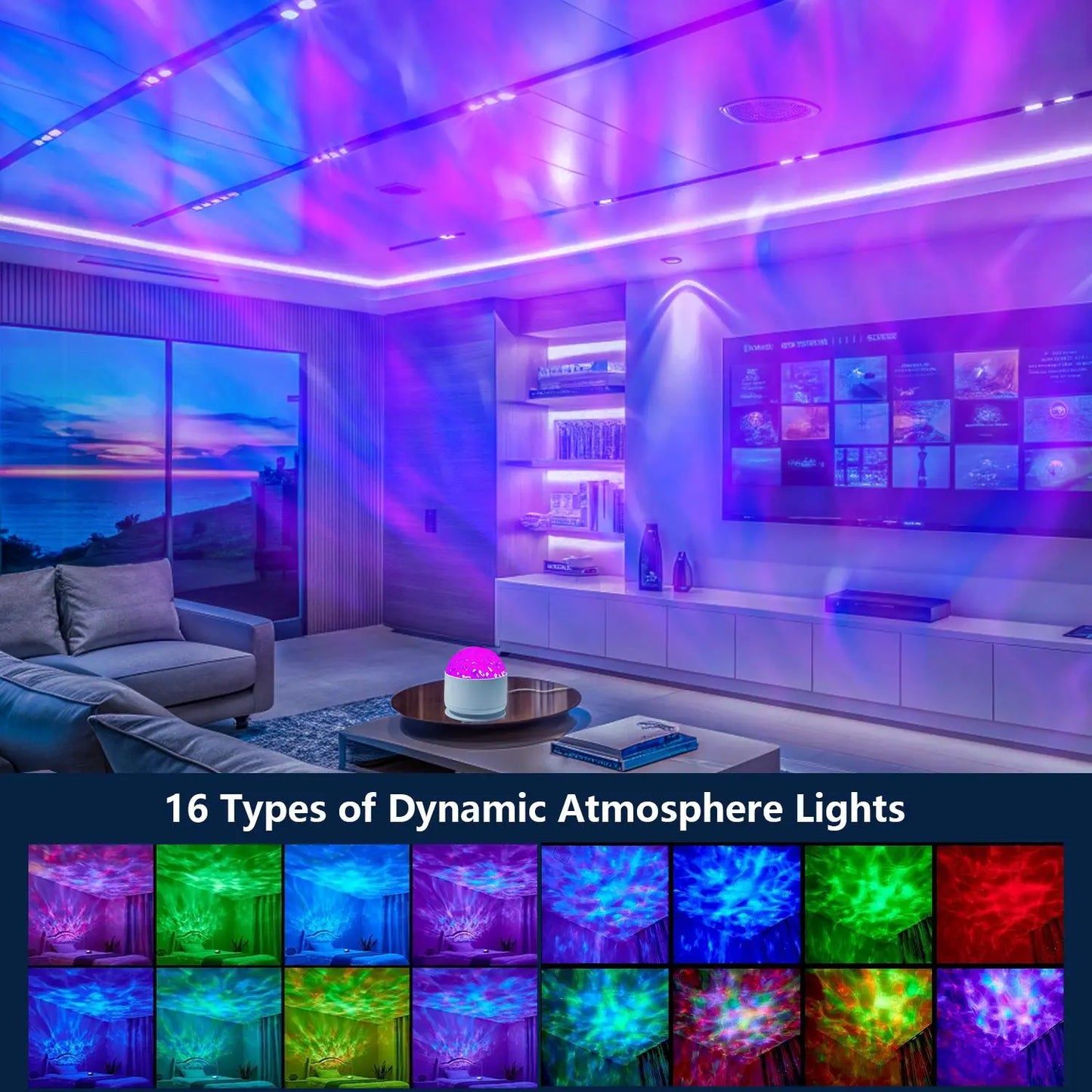 Aurora & Water Ripple 2-In-1 Projector Light – RGB Atmosphere Lamp with Remote Control, USB Powered Ambient Light for Bedroom, Party & Relaxation, Dynamic Mood Lighting Effects, Ideal for Decorations & Christmas Gifts