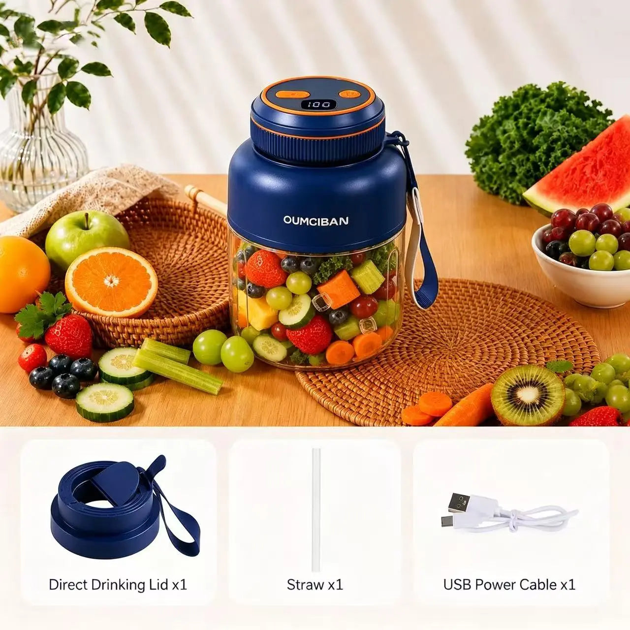 44 Oz Portable Blender, Personal Smoothie Blender with Stainless Steel Blades, USB Rechargeable Juice Blender Cup for Protein Shakes, Fresh Juice, Fruit Smoothies & Ice Crushing, Large Capacity Travel Blender