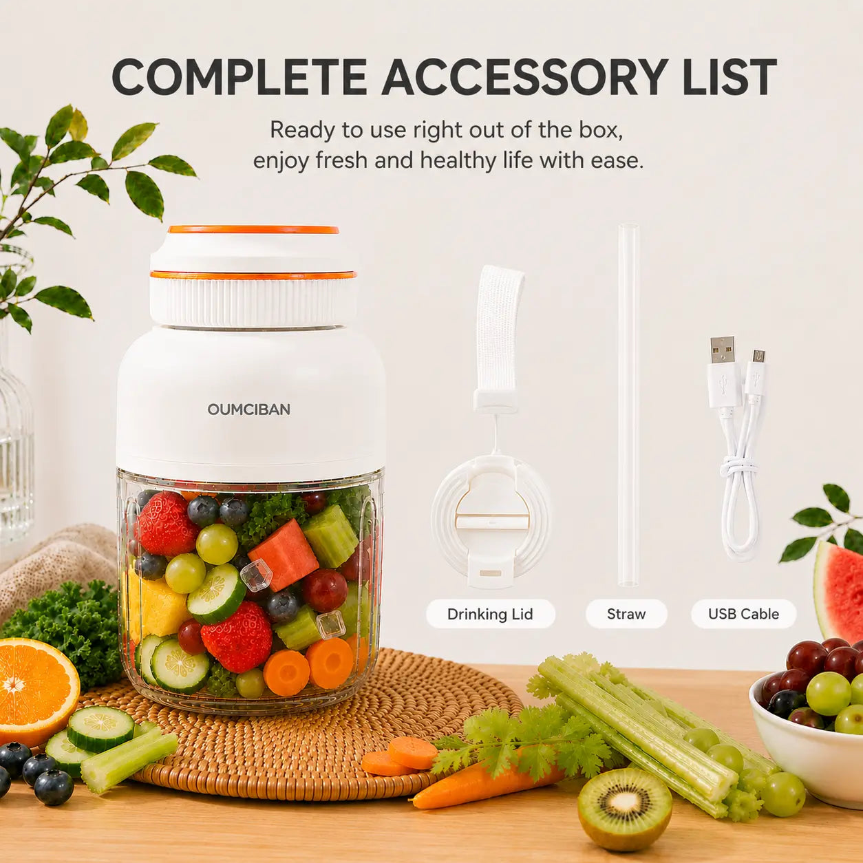 44 Oz Portable Blender, Personal Smoothie Blender with Stainless Steel Blades, USB Rechargeable Juice Blender Cup for Protein Shakes, Fresh Juice, Fruit Smoothies & Ice Crushing, Large Capacity Travel Blender