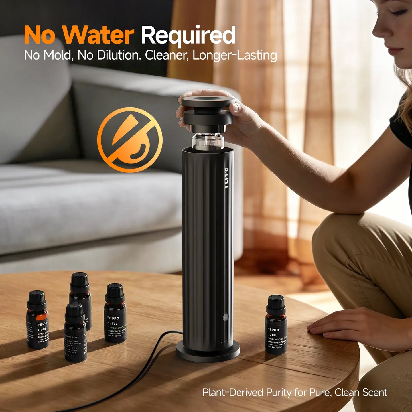 FEPPO Waterless Diffuser - Cold Air Waterless Essential Oil Diffuser Starter Kit with 5X20Ml Hotel Scent Oils, Quiet Smart Scent Diffuser, 6 Intensity, Timer, 1000 Sq. Ft for Home, Office, Hotel, Yoga