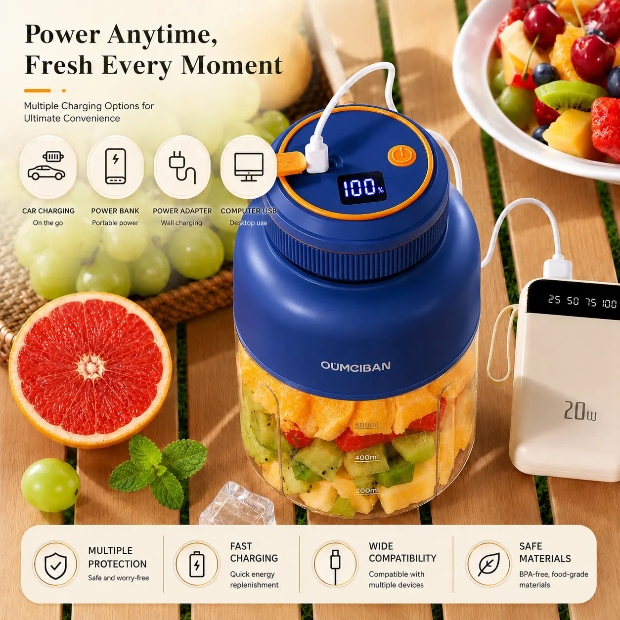 44 Oz Portable Blender, Personal Smoothie Blender with Stainless Steel Blades, USB Rechargeable Juice Blender Cup for Protein Shakes, Fresh Juice, Fruit Smoothies & Ice Crushing, Large Capacity Travel Blender