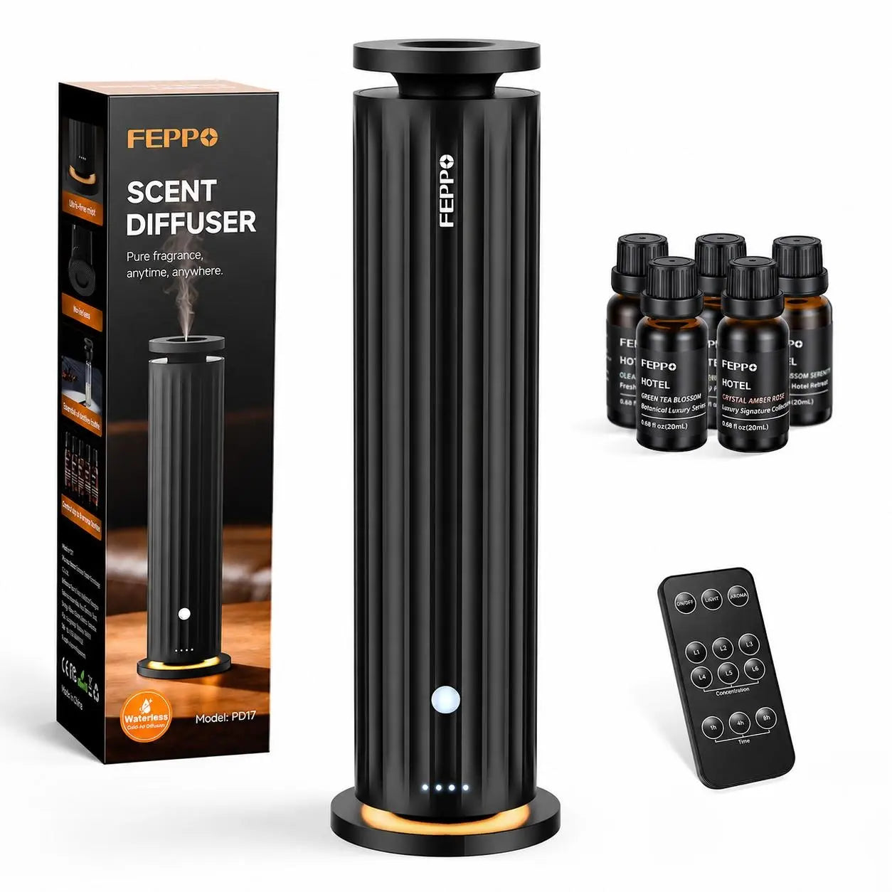 FEPPO Waterless Diffuser - Cold Air Waterless Essential Oil Diffuser Starter Kit with 5X20Ml Hotel Scent Oils, Quiet Smart Scent Diffuser, 6 Intensity, Timer, 1000 Sq. Ft for Home, Office, Hotel, Yoga