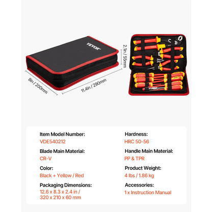 【Dealsforyoudays】Vevor Insulated Screwdriver Set, 12-Piece Professional Electrical Screwdriver Set, 1000V Insulated Electrician Tool Set, with Magnetic Phillips Slotted Tips, Insulated Pliers, and Diagonal Pliers
