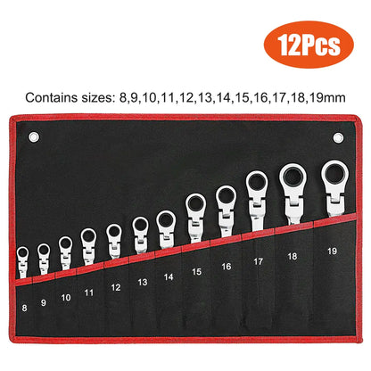 6Pcs/12Pcs Ratchet Wrench Setwith 180° Rotating Flexible Head，Metric Size，Mirror Chrome Plated Square Drive Quick Ratchet Full Set，Home Auto Repair Tools, Hardware Tools, Ideal Gift for Husband or Father