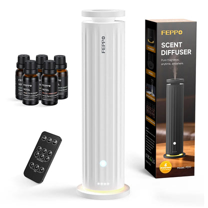 FEPPO Waterless Diffuser - Cold Air Waterless Essential Oil Diffuser Starter Kit with 5X20Ml Hotel Scent Oils, Quiet Smart Scent Diffuser, 6 Intensity, Timer, 1000 Sq. Ft for Home, Office, Hotel, Yoga