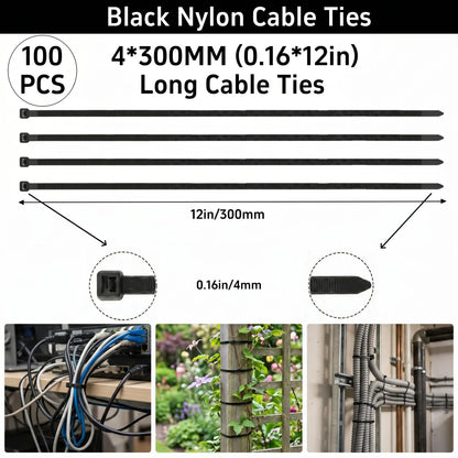 【Summervibes】100Pcs Heavy Duty Zip Ties 12 Inch 50LBS High Tensile Strength UV Resistant Self Locking Nylon Cable Ties for Home Office Garden and Workshop Emergency Repairs Vehicle Repair