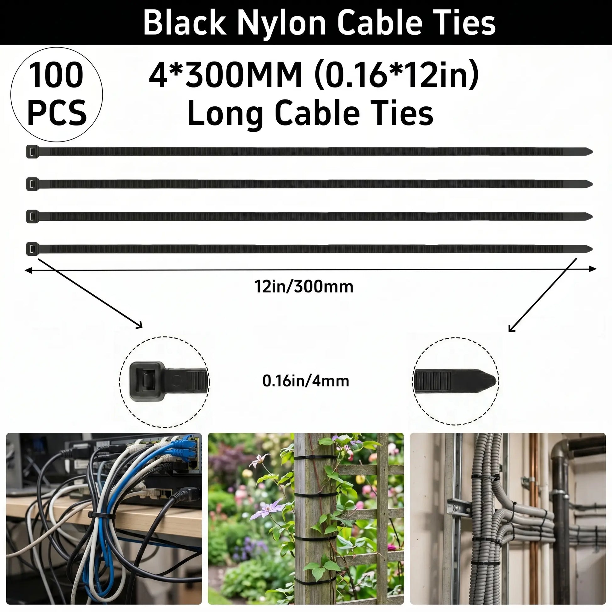【Summervibes】100Pcs Heavy Duty Zip Ties 12 Inch 50LBS High Tensile Strength UV Resistant Self Locking Nylon Cable Ties for Home Office Garden and Workshop Emergency Repairs Vehicle Repair