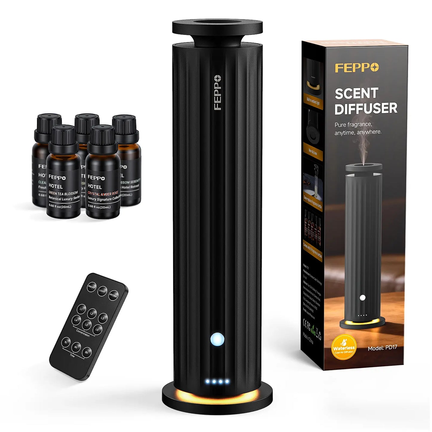 FEPPO Waterless Diffuser - Cold Air Waterless Essential Oil Diffuser Starter Kit with 5X20Ml Hotel Scent Oils, Quiet Smart Scent Diffuser, 6 Intensity, Timer, 1000 Sq. Ft for Home, Office, Hotel, Yoga