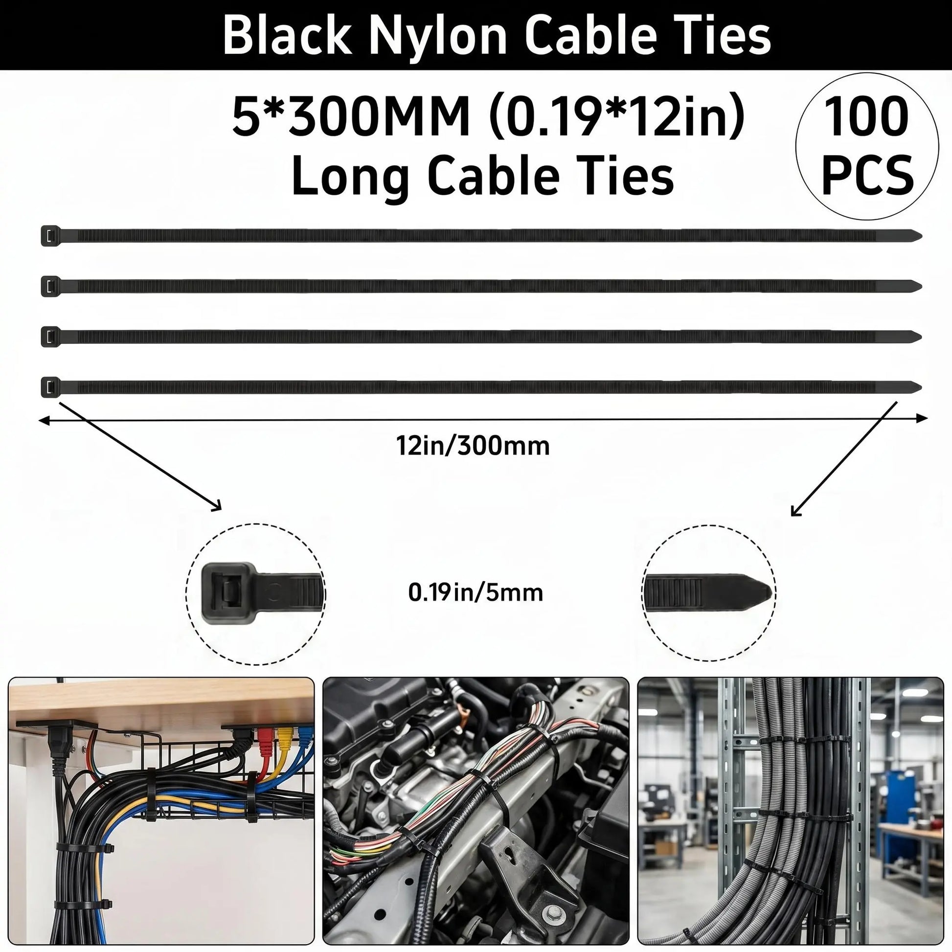 【Summervibes】100Pcs Heavy Duty Zip Ties 12 Inch 50LBS High Tensile Strength UV Resistant Self Locking Nylon Cable Ties for Home Office Garden and Workshop Emergency Repairs Vehicle Repair
