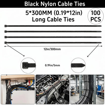 【Summervibes】100Pcs Heavy Duty Zip Ties 12 Inch 50LBS High Tensile Strength UV Resistant Self Locking Nylon Cable Ties for Home Office Garden and Workshop Emergency Repairs Vehicle Repair