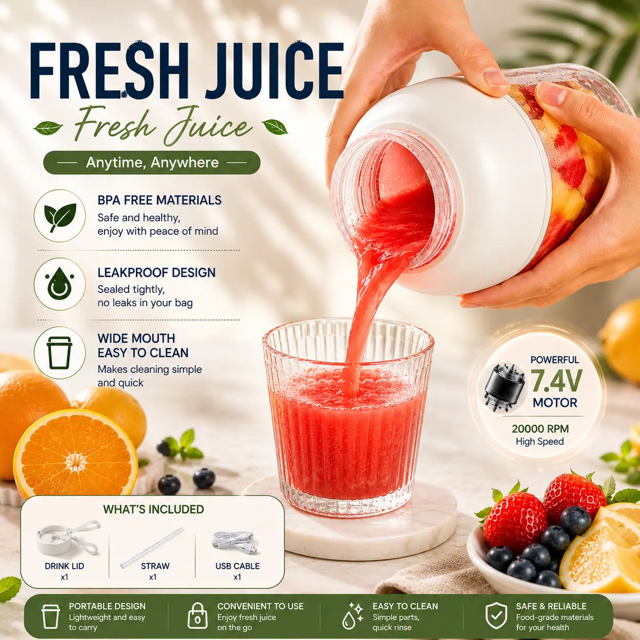 44 Oz Portable Blender, Personal Smoothie Blender with Stainless Steel Blades, USB Rechargeable Juice Blender Cup for Protein Shakes, Fresh Juice, Fruit Smoothies & Ice Crushing, Large Capacity Travel Blender