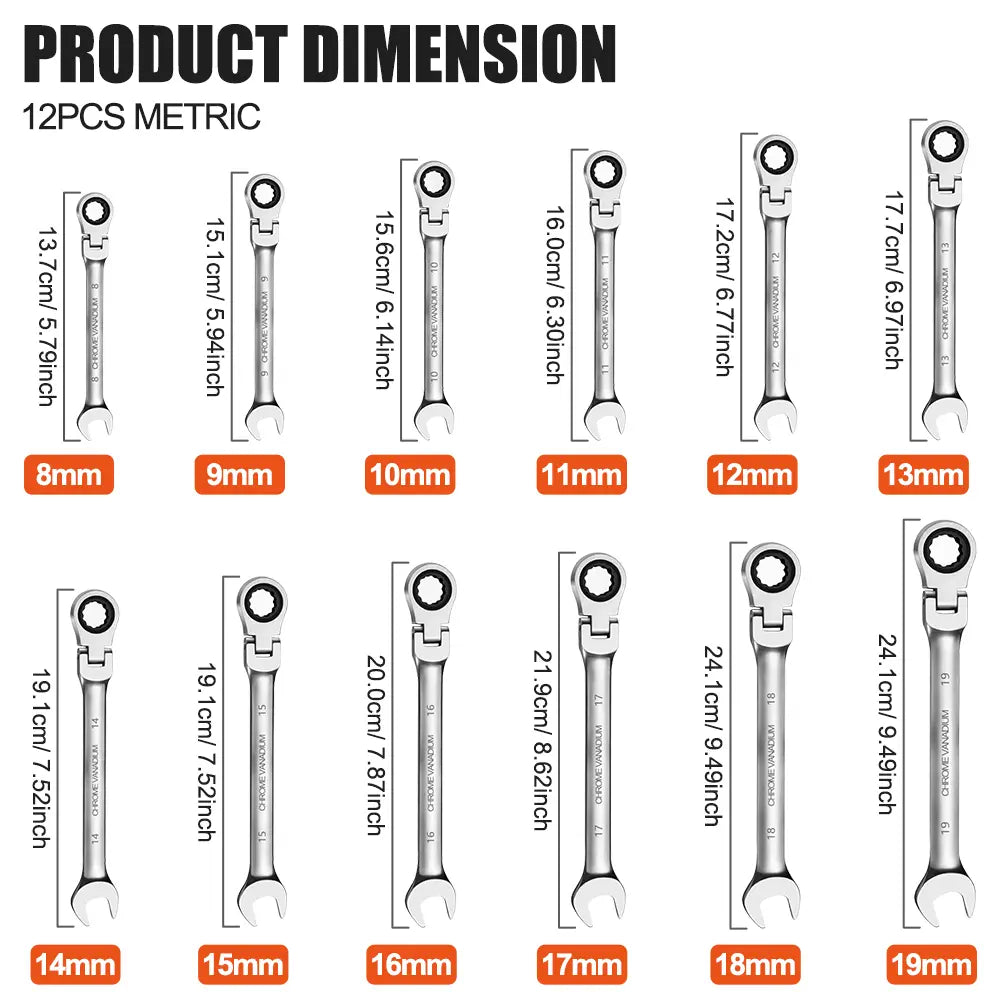 6Pcs/12Pcs Ratchet Wrench Setwith 180° Rotating Flexible Head，Metric Size，Mirror Chrome Plated Square Drive Quick Ratchet Full Set，Home Auto Repair Tools, Hardware Tools, Ideal Gift for Husband or Father