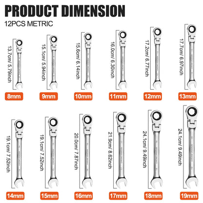 6Pcs/12Pcs Ratchet Wrench Setwith 180° Rotating Flexible Head，Metric Size，Mirror Chrome Plated Square Drive Quick Ratchet Full Set，Home Auto Repair Tools, Hardware Tools, Ideal Gift for Husband or Father