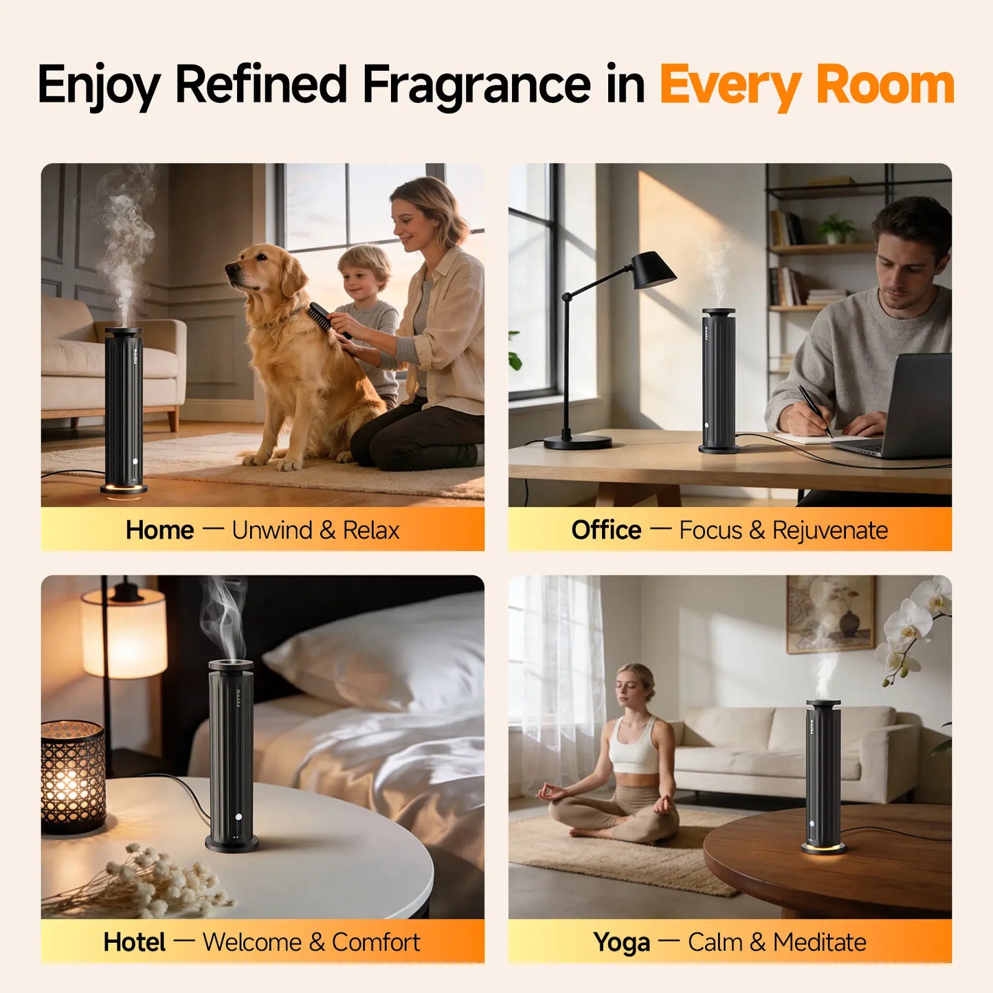 FEPPO Waterless Diffuser - Cold Air Waterless Essential Oil Diffuser Starter Kit with 5X20Ml Hotel Scent Oils, Quiet Smart Scent Diffuser, 6 Intensity, Timer, 1000 Sq. Ft for Home, Office, Hotel, Yoga