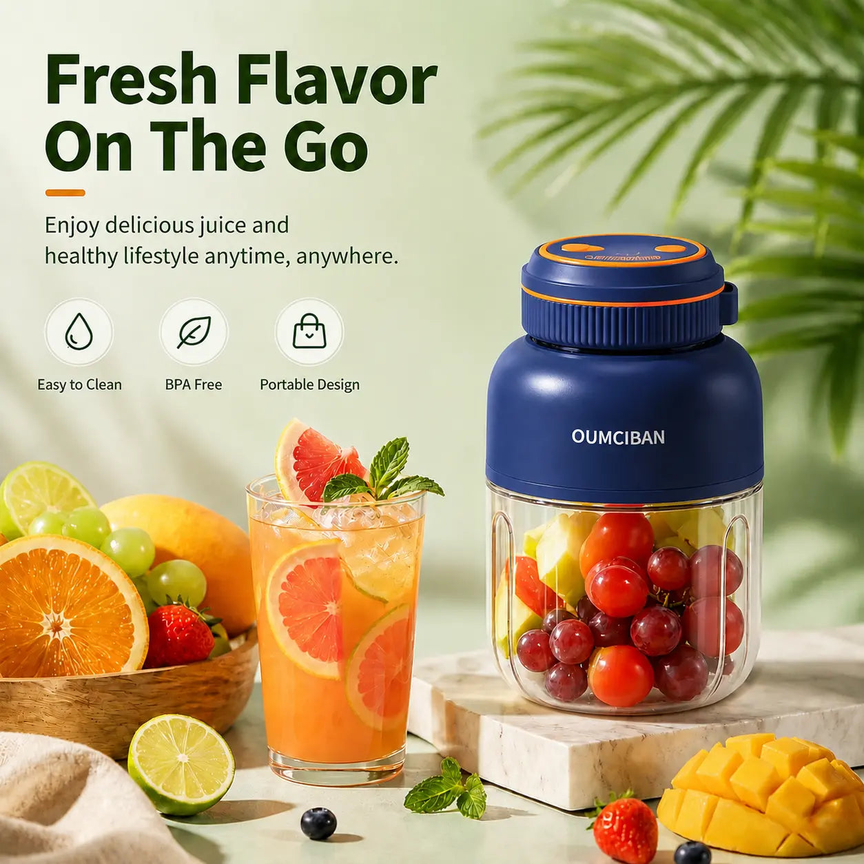 44 Oz Portable Blender, Personal Smoothie Blender with Stainless Steel Blades, USB Rechargeable Juice Blender Cup for Protein Shakes, Fresh Juice, Fruit Smoothies & Ice Crushing, Large Capacity Travel Blender